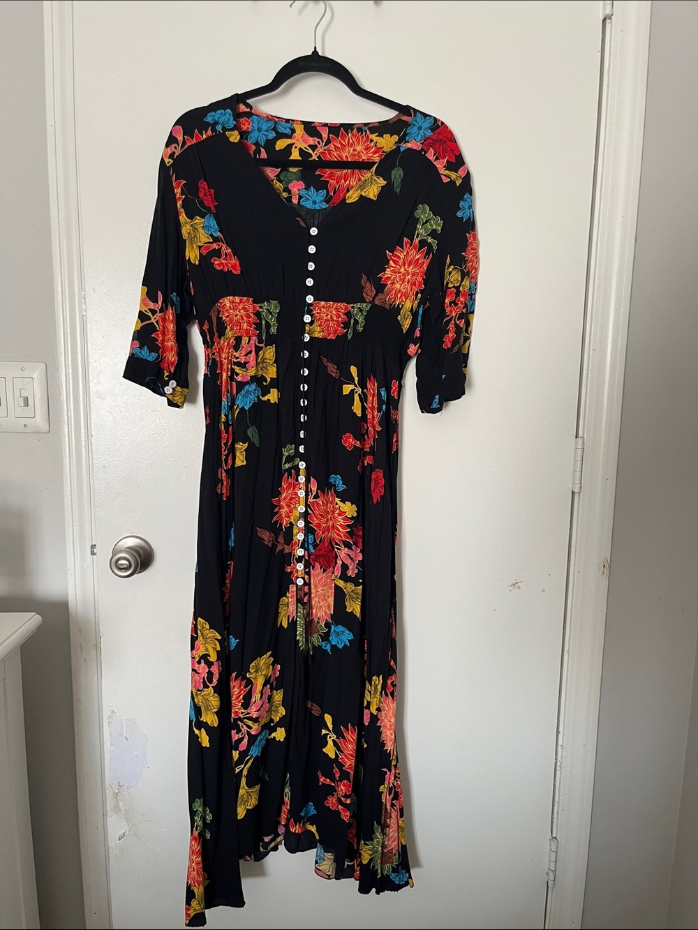 Black Floral Button-Front Midi Dress - Vibrant Floral Print